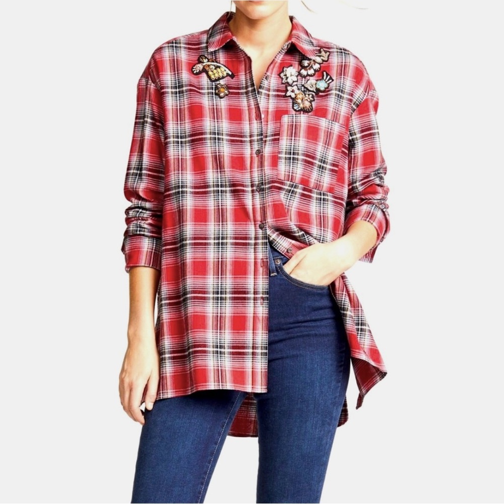 CINQ À SEPT Embellished Flannel Button Down Shirt NEW